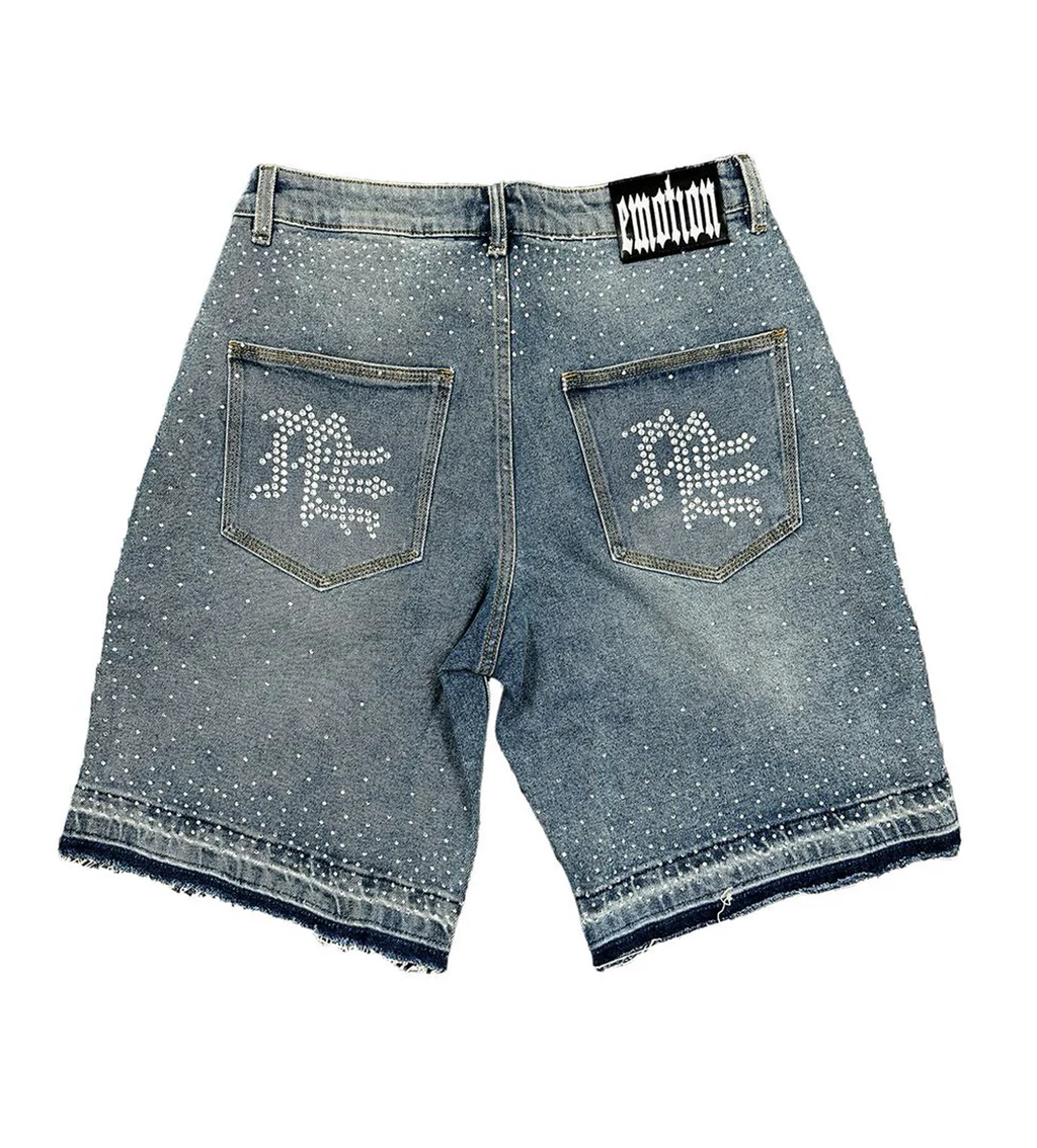 Mixed Emotions 'ME' Rhinestone Denim Shorts Blue